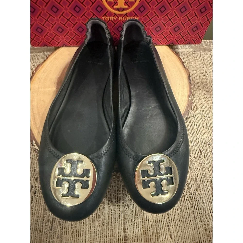 Tory Burch Minnie Travel Ballet Flats Black Leather Gold Logo Sz-10M